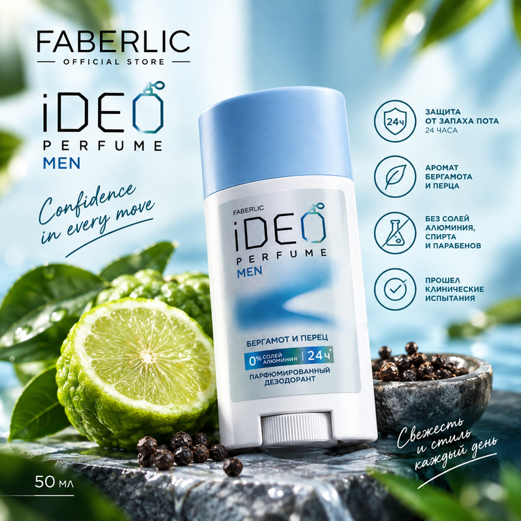 دئودورانت مردانه صابونی معطر برگاموت و فلفل iDeo فاقد نمک آلمینیوم فابرلیک اورجینال
