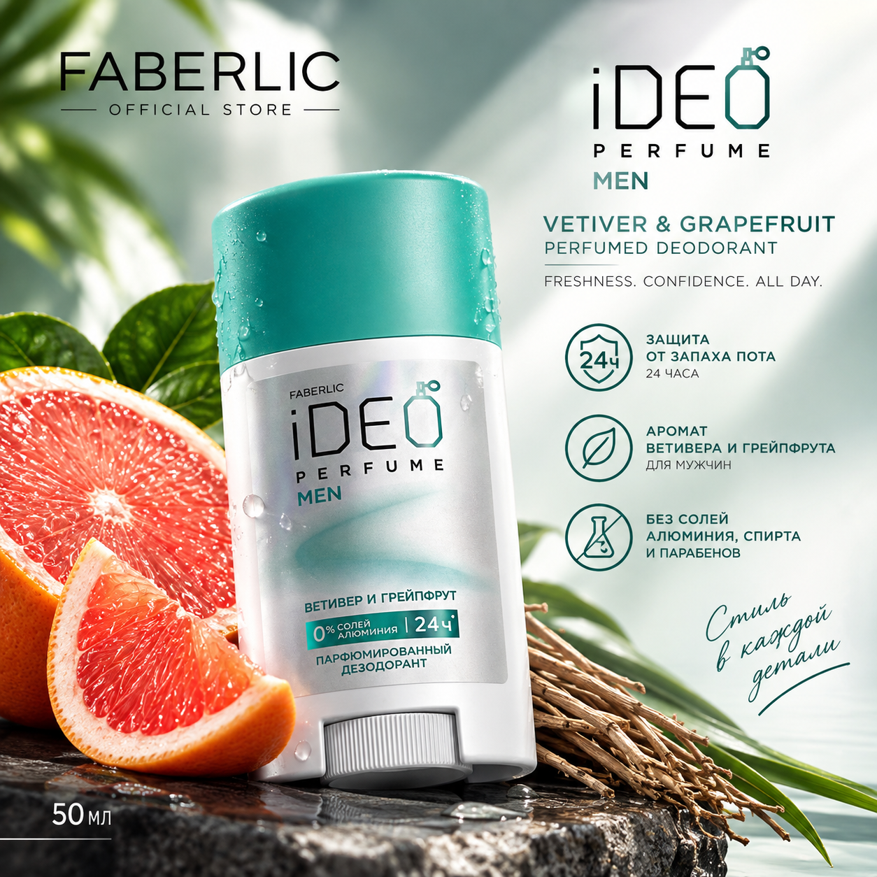 دئودورانت صابونی مردانه معطر وتیور و گریپ فروت iDeo فابرلیک فاقد نمک آلمینیوم اورجینال