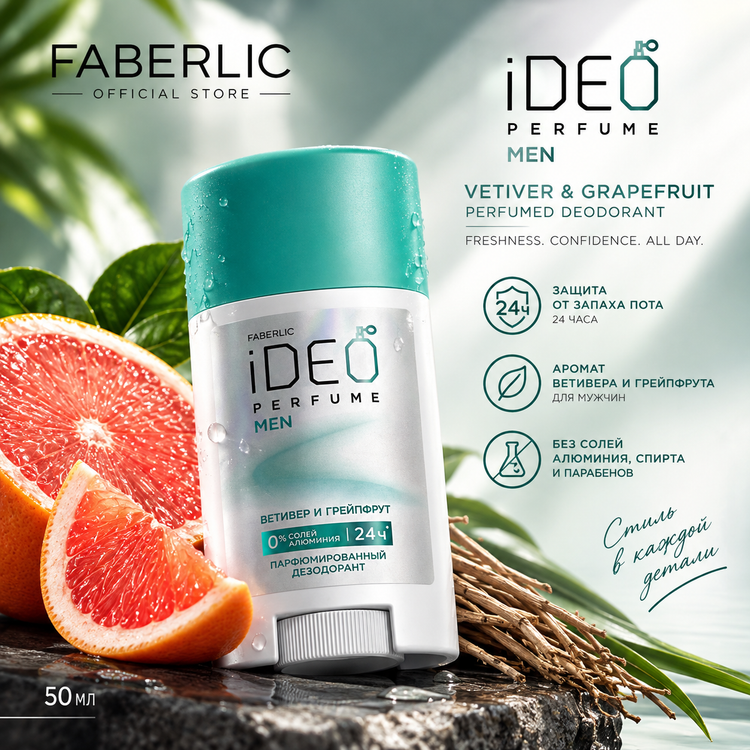 دئودورانت صابونی مردانه معطر وتیور و گریپ فروت iDeo فابرلیک فاقد نمک آلمینیوم اورجینال